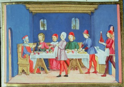 Fol.75v Jezus podczas posiłku w domu faryzeusza pyta, czy wolno mu uzdrawiać w szabat (wellum) autorstwa Italian School
