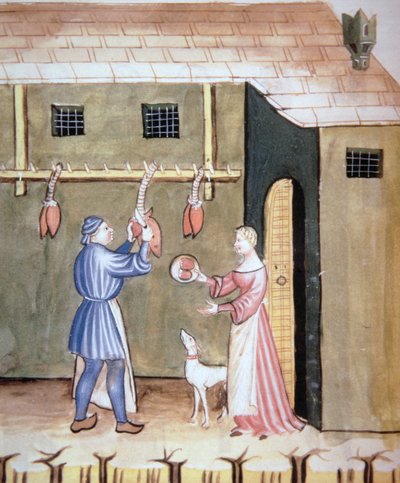 Fol.78v Rzeźnicy: sprzedawanie zwierzęcych serc, z Tacuinum Sanitatis Codex Vindobonensis autorstwa Italian School