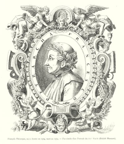 Francois Petrarque, urodzony w Arezzo w 1304, zmarł w 1374, faksymile portretu z XVI wieku, British Museum (rycina) autorstwa Italian School