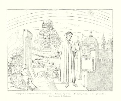 Fresk przy drzwiach sługi św. Krzyża, Malarstwo alegoryczne, Dante, Florencja i Siedem Kręgów, Domenico di Michelino (rycina) autorstwa Italian School