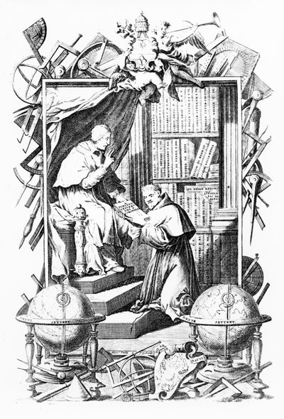 Frontyspis do Sacred-Profane Universal Library, t. 1 Vincenzo Coronelli, grafika wykonana przez Alessandro dalla Via, wydana 1701 autorstwa Italian School