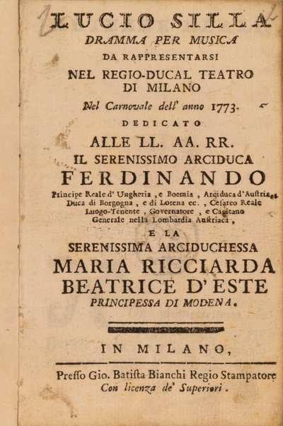 Frontyspis Mozarta Lucio Silla, wykonany w Mediolanie w 1773 r. autorstwa Italian School