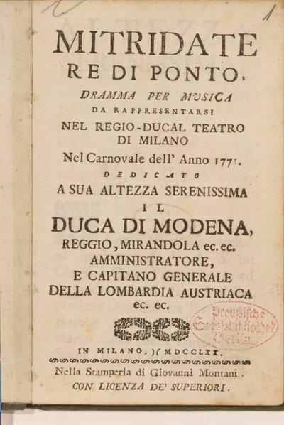 Frontyspis z wczesnej kopii Mitridate, re di Ponte, opery Wolfganga Amadeusza Mozarta, 1770 autorstwa Italian School