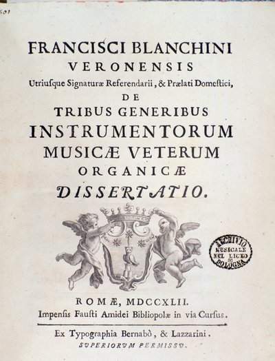 Frontyspis utworu „Tribe Instrumentorum Musicae Veterum” o dawnych instrumentach muzycznych Francesco Brea autorstwa Italian School