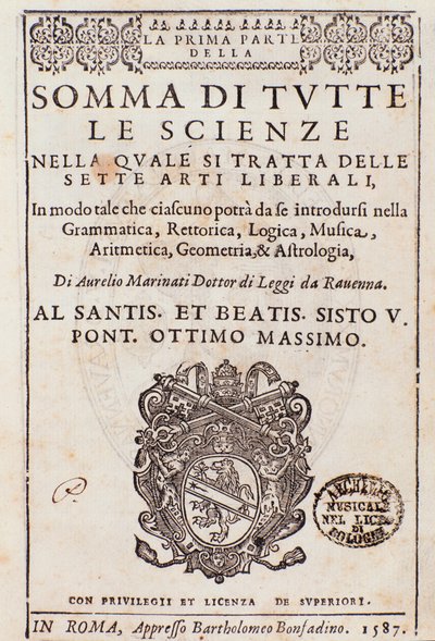 Frontyspis zaczerpnięty z Sumy wszystkich nauk, esej o sztukach wyzwolonych, autorstwa Aurelio Marinati autorstwa Italian School