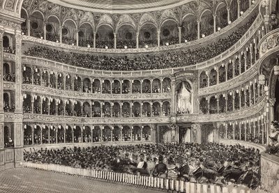 Wieczór galowy w teatrze Costanzo ku czci następcy tronu Niemiec (przyszły Fryderyk III), Rzym, Włochy, rycina z rysunku Dante Paolocci, z L