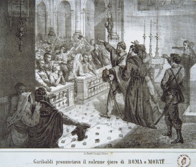 Garibaldi wypowiadający słynne zdanie „Rzym czy Śmierć” autorstwa Italian School