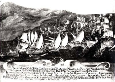 Generał Francisco Morosini (1618-94) i flota wenecka w spotkaniu z flotą turecką u wybrzeży Krety, maj 1661 autorstwa Italian School