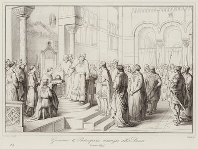 Giovanni II Partecipazio zrzeka się księstwa, 887 (rycina) autorstwa Italian School