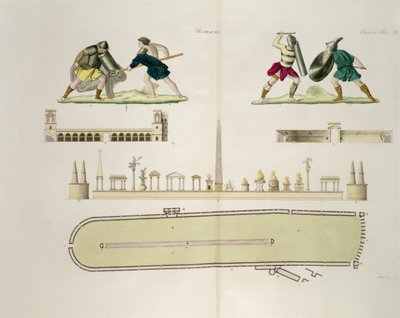 Gladiatorzy i plan cyrku Karakalli, tablica 23A, klasa 5 z części I Dziejów Narodów, sztych. A. Nani (akwatinta) autorstwa Italian School