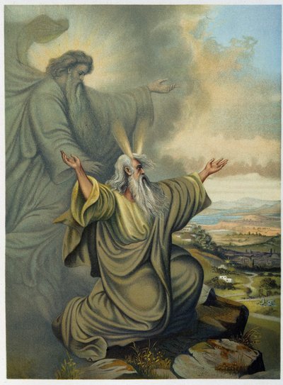Bóg ukazujący Mojżeszowi Ziemię Obiecaną - w „Klasyczna Złota Biblia: Historia Objawienia Bożego w Starożytnym i Nowym Stresie”” autorstwa Giovanniego Ladislao Sykory (t. 1), przekład Don Clemente Benetti. (Biblia włoska) autorstwa Italian School