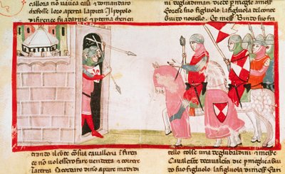 Guelfowie blokują Gibelinom ponowne wejście do miasta, miniatura z Kroniki Giovanniego Villaniego, rękopis, Włochy XIV wiek. autorstwa Italian School