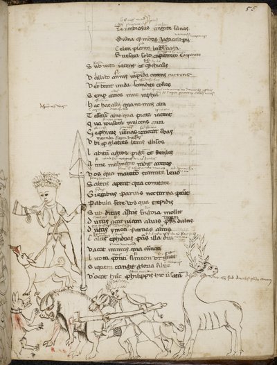 Harley 2453, f.55 Scena polowania z dzikiem, jeleniem, myśliwymi, psami i zającem, z „Tragodiae”, Lucjusza Annaeusa Seneki autorstwa Italian School