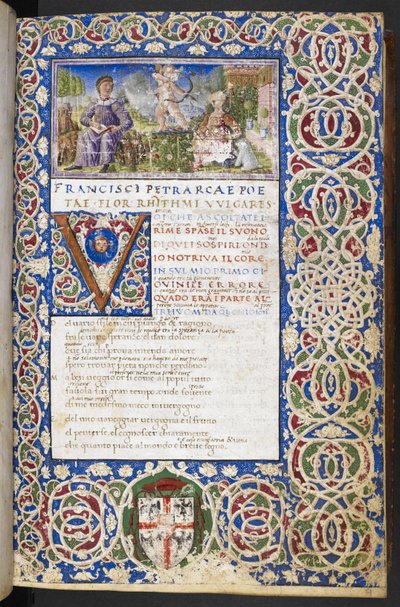 Harley 3567, f.9 Miniatura Petrarki i Laury, z miłością celującą strzałą w Laurę, z filmu „Rime i Trionfi” autorstwa Italian School