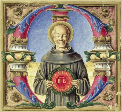 Historyczny inicjał „M” przedstawiający św. Bernardyna ze Sieny (welum) autorstwa Italian School