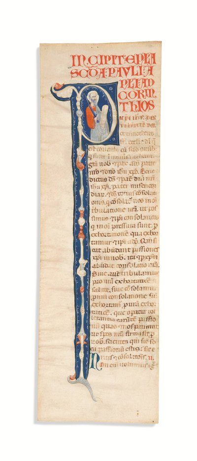 Historyczny inicjał „P” ze św. Pawłem, wycięty z iluminowanej Biblii atlantyckiej, Bolonia, ok. 1270 (tusz na welinie) autorstwa Italian School