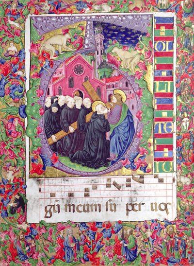 Historyczny inicjał „Q”, przedstawiający Chrystusa trzymającego krzyż św. Benedykta i mnichów benedyktyńskich, z Wenecji, ok. 1440 (welum) autorstwa Italian School