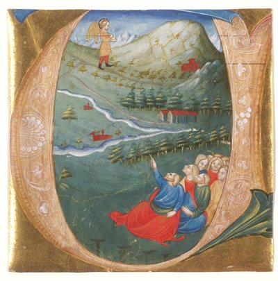 Historyczny inicjał przedstawiający Elizeusza w płaszczu Eliasza, wycięty z antyfonarza, ok. 1440 (tempera i złoty liść na pergaminie) autorstwa Italian School