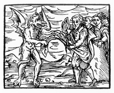 Hołd dla diabła, kopia ilustracji z Compendium Maleticarum ks. M. Guaccius, Mediolan 1608, wykorzystana w Historii magii, wydana pod koniec XIX wieku autorstwa Italian School