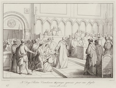 Doge Pietro Candiano III modli się o łaskę dla syna, 958 (rycina) autorstwa Italian School