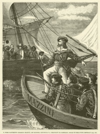 Pierwsza stocznia o nazwie Mazzini, z flagą republikańską, dowodzona przez Garibaldiego, Assale Imperialna brygada (rycina) autorstwa Italian School