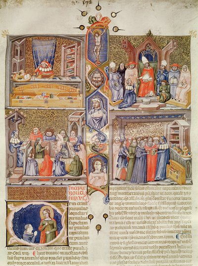 Iluminacja podzielona na cztery sceny: Konsultant prawny przy stole; Papieżowi ofiarowanie książki; Lekcja w Kolegium Prawa; Księgarnia z historycznym kapitałem ze św. Katarzyną i Or autorstwa Italian School