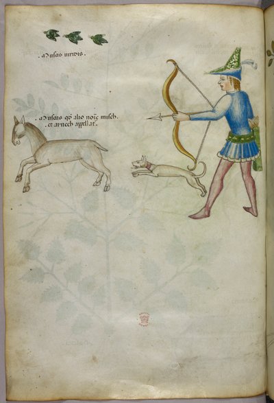 Ilustracja przedstawiająca mężczyznę z łukiem strzelającego do zwierzęcia, z psem i ptakami powyżej, ok. 1440 r. (tusz i kolor na welinie) autorstwa Italian School
