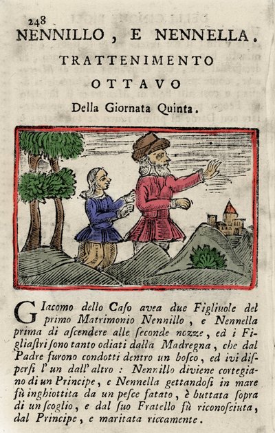Ilustracja bajki Giambattisty Basile (1575-1632) „” Poucet et Poucet (Nennillo e Nennella)””” z książki „” Pentamerone”, dzień v, opowieść 8. Edycje Neapolu 1754. autorstwa Italian School