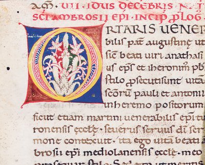 Inicjał „O” na rewersie cięcia z Paulinusem z Mediolanu, Vita Sancti Ambrosii, prawdopodobnie z Toskanii, ok. 1150-75 (tusz na welinie) autorstwa Italian School