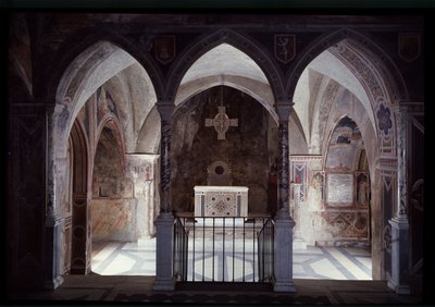 Widok wnętrza prezbiterium i ołtarza, jaskini św. Benedykta (sacro speco) Subiaco autorstwa Italian School