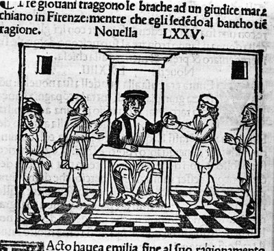Scena wyroku we Florencji. Ilustracja do wiadomości 75 (Nowa 5 dnia ósmego) „Dekameronu” autorstwa Giovanniego Boccaccio dit Jean Boccaccio (1313-1375), włoskiego pisarza. Grawerowanie w „”Dekamerone ouer Cento nouelle””Wenecja, Bartolomeo de 