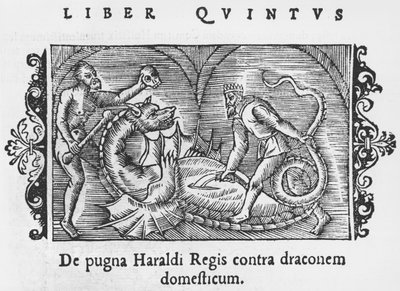 Król Harald walczący ze smokiem, ilustracja z Historii Narodów Północy autorstwa Olausa Magnusa (1490-1558), opublikowana w Rzymie, 1555 autorstwa Italian School