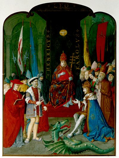 Król Henryk VIII w sporze z cesarzem Karolem V przed papieżem Leonem X. Henryk trzyma w ręku zwój, którym może być bulla z 1521 r. przyznająca mu tytuł „Obrońca wiary” (tusz i akwarela na papierze) autorstwa Italian School