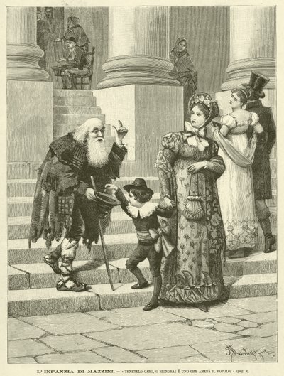 Dzieciństwo Mazziniego, „Trzymaj Go kochana Pani i kochająca lud” (rycina) autorstwa Italian School