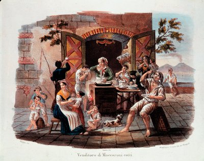 Mały neapolitański metier: sprzedawca gotowanych makaronów. W oddali Vesuve na Zatoce Neapolitańskiej. Litografia XIX wieku. Narodowe Muzeum Makaronu, Fundacja Agnesi, Rzym autorstwa Italian School