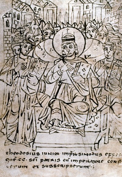 Sztuka Lombardzka: „”Cesarz Teodozjusz II (401–450), wnuk Teodozjusza I, na soborze w Efezie w dniu 22.06.431, potępiający nestorianizm (patriarchy Nestoriusza lub Nestoriusza)”” Rysowanie piórem na pergaminie traktat praw kanonicznych. 9t autorstwa Italian School