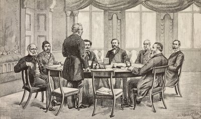 Konferencja londyńska na temat Egiptu, Wielka Brytania: Hrabia Munster, Musurus Pasha, Granville (stojący), Hrabia Nigra, Waddington, De Staal, Childers, Hrabia Karolyi, rycina z rysunku Edoardo Ximenesa, z L