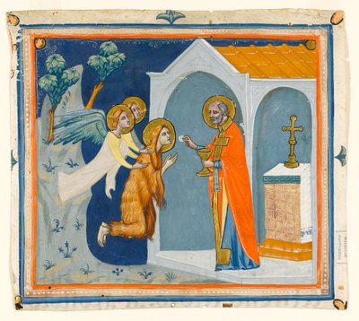 MS McClean folio 201.4 r Św. Maria Magdalena, na pustkowiu wokół Aix, niesiona przez anioły do św. Maksymina, który udziela jej ostatniej komunii, ok. 1330 autorstwa Italian School