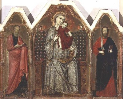 Madonna z Dzieciątkiem w tronie, z SS. Janem Ewangelistą i Pawłem, szkoła rimińska (płyta tryptyku) autorstwa Italian School
