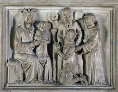 Madonna z Dzieciątkiem, z wojownikiem i świętymi, płaskorzeźba stworzona przez Mistrzów z Campione. Włochy autorstwa Italian School