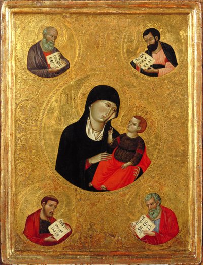 Madonna z Dzieciątkiem z czterema ewangelistami (tempera i złoty płatek na desce) autorstwa Italian School