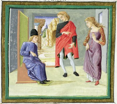 Mężczyzna i kobieta przed sędzią, z „Decretum Gratiani” (welin) autorstwa Italian School
