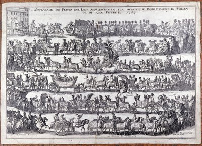 Maskarada: procesja i taniec ludowych masek z okazji karnawału. Mediolan 20.02.1764 Grawerowanie XVIII wieku autorstwa Italian School
