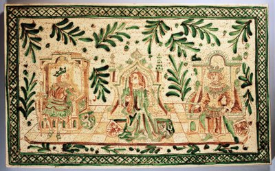 Średniowieczna plakieta dekoracyjna przedstawiająca Konstancję z Hauteville, Rogera Sycylijskiego i Fryderyka II Hohenstaufena, manufaktura Alessi, Caltagirone, Sycylia, Włochy (ceramika) autorstwa Italian School