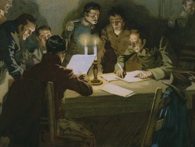 Spotkanie pierwszych partyzantów stawiających opór okupantom, narodziny karbonariuszy, ilustracja z albumu poświęconego historii Risorgimento wykonanego dla czekoladowego Talmone, koniec XIX w. (chromolitho autorstwa Italian School