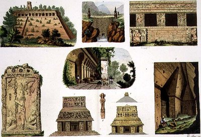 Starożytności meksykańskie, detale architektoniczne, tablica 48A z „Historii Narodów” (akwatinta) autorstwa Italian School