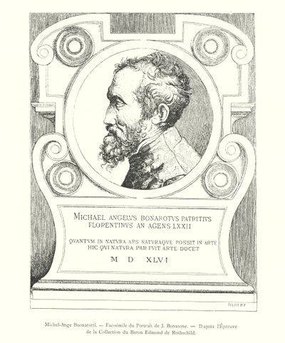 Michel-Ange Buonarotti, Faksymile portretu J Bonasone, według dowodu z kolekcji barona Edmonda de Rothschilda (rycina) autorstwa Italian School
