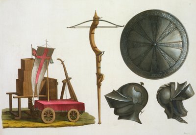 Rydwan mediolański, kusza i zbroja, płyta 17 z Le Costume Ancien et Moderne, autorstwa Julesa Ferrario, wyd. autorstwa Italian School