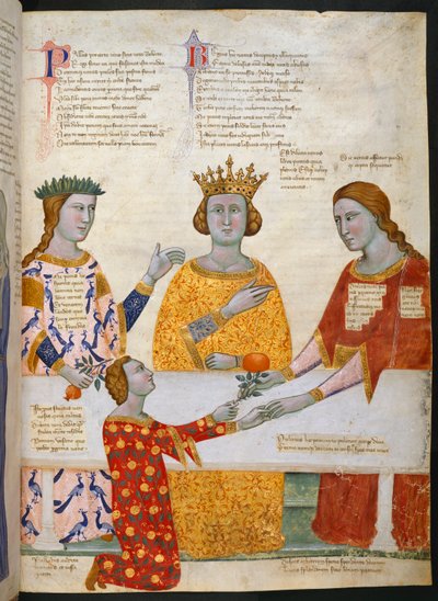 Miniatura Sądu Paryskiego, z Pallas Ateną, Junoną i Wenus siedzą przy stole, a Paryż daje Wenus gałązkę oliwną, ilustracja z „Przemówienie wierszem do Roberta Anjou, króla Neapolu, z miasta Prato w Toskanii („Samochód Regia” autorstwa Italian School