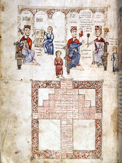 Miniaturowa strona „Ecloga Legum”, rękopis prawniczy z 1175 r. Przedstawione postacie to od lewej do prawej Justynian I (482 - 565), Leon I (457-474) i Konstantyn I Wielki (270/288 - 337) . Wenecja, Biblia. Marciana. autorstwa Italian School